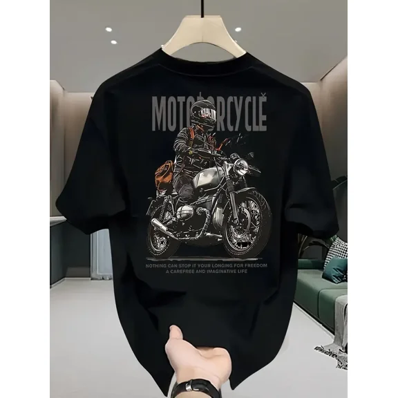 Men'S Vintage Motorcycle Graphic T-Shirt - 104% Cotton Casual Crew Neck Short Sleeve Tee, Black with Retro Print, Perfect for Summer & Spring, Casual Attire Shirt | Retro Graphic Tee
