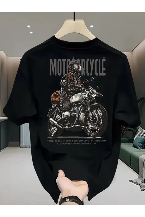 Men'S Vintage Motorcycle Graphic T-Shirt - 104% Cotton Casual Crew Neck Short Sleeve Tee, Black with Retro Print, Perfect for Summer & Spring, Casual Attire Shirt | Retro Graphic Tee