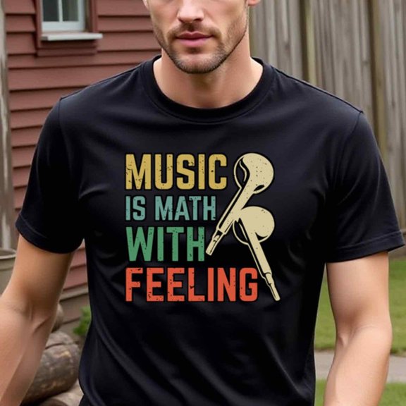 Men'S Vintage "Music Is Math with Feeling" Graphic T-Shirt - Casual Black Tee with Colorful Music Note Design, Short Sleeve, Round Neck, Regular Fit for Casual Attire, Music T Shirt