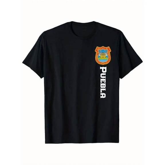 Men'S Vintage Puebla Mexico Camisa T-Shirt - Black with Colorful Puebla Emblem, Short Sleeve, Regular Fit, All-Season Casual Wear, Breathable Fabric, Round Neckline, Heat