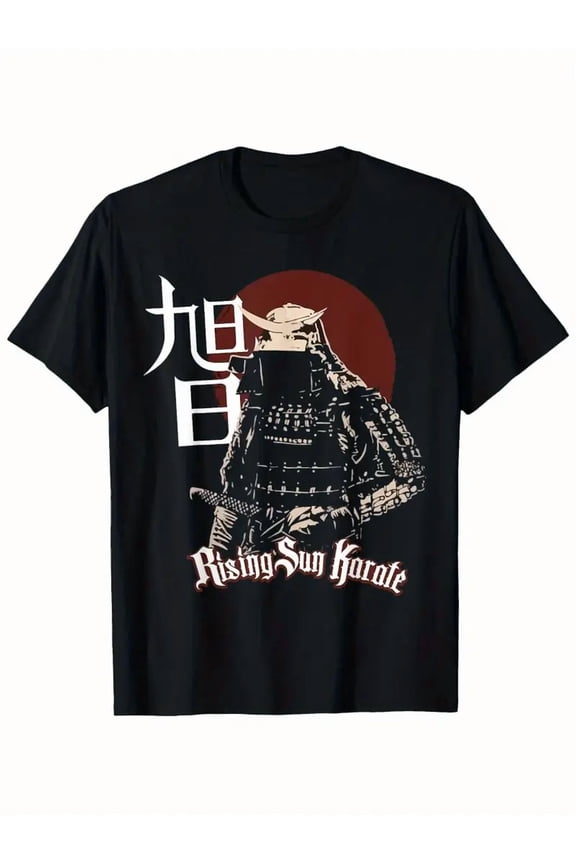 Men'S Vintage Samurai Graphic T-Shirt - Black with Red & White Japanese Design, Short Sleeve Crew Neck, Casual Regular Fit Tee for Casual Attire, Allseason Tshirt