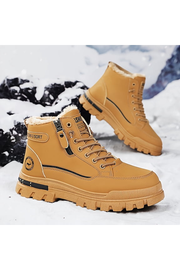 Men'S Vintage-Style Fleece-Lined Snow Boots - Yellow High-Top Lace-Up with Rugged Tread, Faux Upper & Cushioned EVA Insole for Winter Outdoor & Casual Wear, Winter Footwear, Solid Color Design