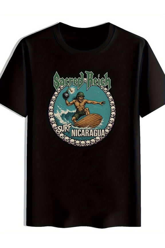 Men'S Vintage Surf And Rock Band Graphic Tee - Black Nostalgic Nicaragua Design Short-Sleeve Shirt - Crew Neck Top, Perfect for Concerts And Beach Trips - Nicaragua Cultural Heritage Apparel