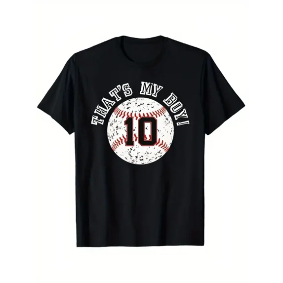 Men'S Vintage "That'S My Boy" Baseball T-Shirt - Retro 10 Number Design with Baseball Graphic, Black & Red Casual Short Sleeve Round Neck Tee for Sports Fans, All-Season