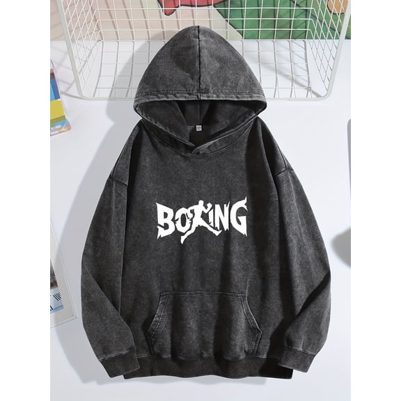 Men'S Vintage Washed Boxing Graphic Hoodie - Distressed Texture Dark Gray with Bold White Lettering & Front Pocket | Casual Streetwear Pullover Sweatshirt | Regular Fit Long Sleeve Gym & Everyday |