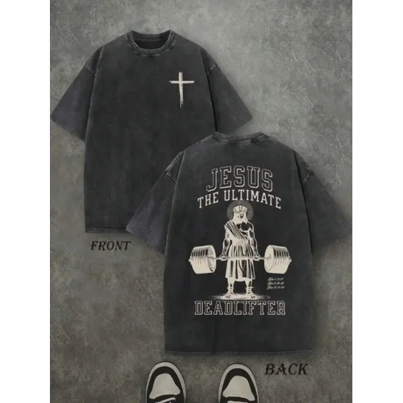 Men'S Vintage Washed T-Shirt The Ultimate Deadlifter Graphic Print, Oversized Streetwear Tee, Faith & Weightlifting Design