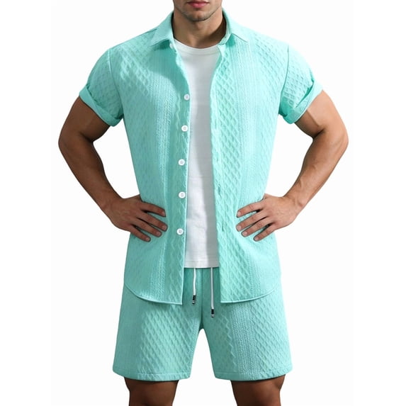 Men'S Waffle Knit 2-Piece Outfit with Button Down Shirt and Shorts for Summer Emerald XL
