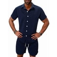 thumbnail image 1 of Men'S Waffle Knit 2-Piece Outfit with Button Down Shirt and Shorts for Summer Navy Blue S, 1 of 6