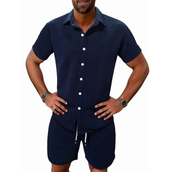 Men'S Waffle Knit 2-Piece Outfit with Button Down Shirt and Shorts for Summer Navy Blue S