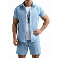 thumbnail image 1 of Men'S Waffle Knit 2-Piece Outfit with Button Down Shirt and Shorts for Summer Royal Blue M, 1 of 8