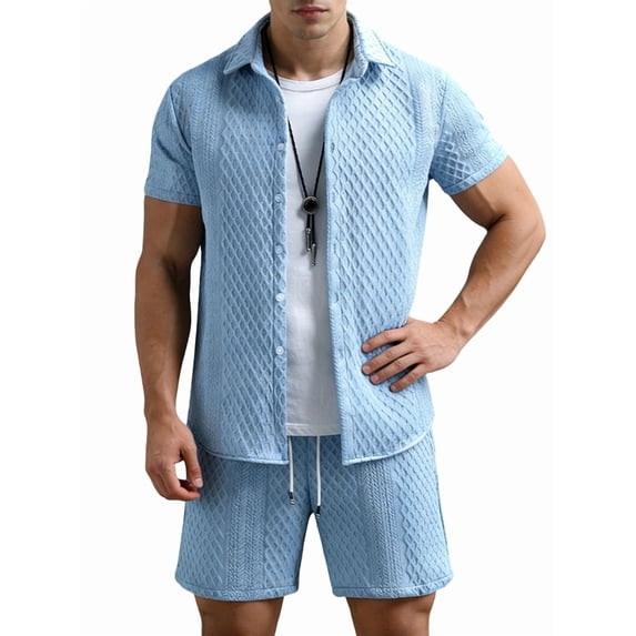 Men'S Waffle Knit 2-Piece Outfit with Button Down Shirt and Shorts for Summer Royal Blue M