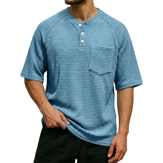 Men'S Waffle Knit Henley Shirts With Chest Pocket Short Sleeve Casual Loose Fit Breathable Tops For Workout And Daily Activities,Light Blue,S