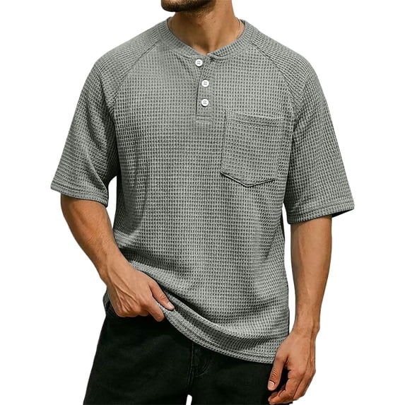 Men'S Waffle Knit Henley Shirts With Chest Pocket Short Sleeve Casual Loose Fit Breathable Tops For Workout And Daily Activities,Light Gray,XL