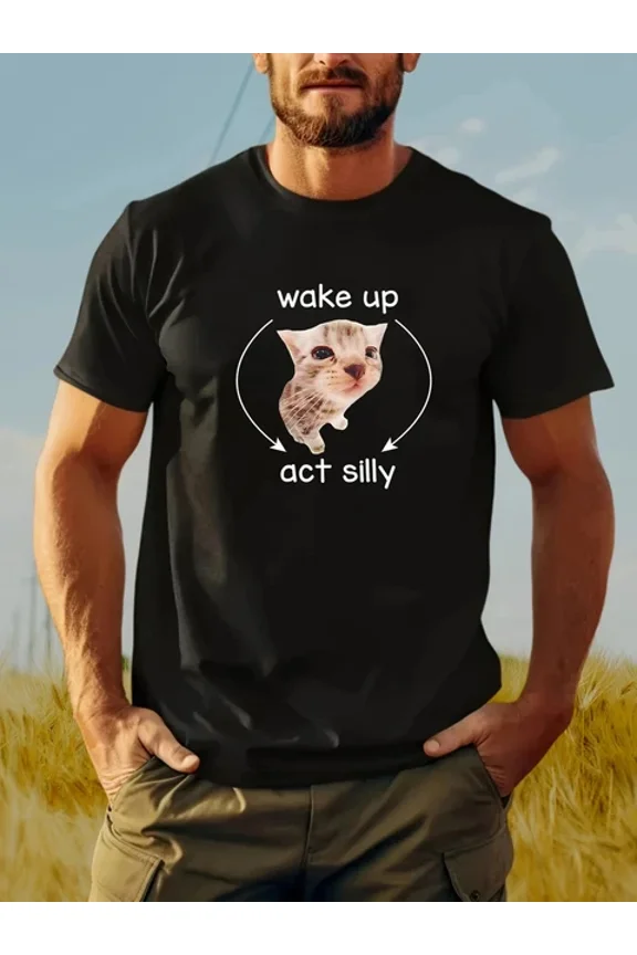 Men'S "Wake Up Act Silly" Cat Graphic T-Shirt Cotton, Short Sleeve, Round
