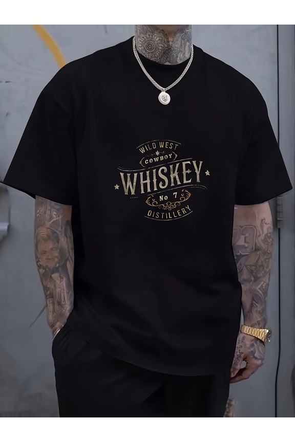 Men'S Western Cowboy Whiskey Graphic T-Shirt - Black Casual Short Sleeve Tee with "Wild West Cowboy" Print, Machine Washable, Summer Fashion, Regular Fit, Cowboy Accessories
