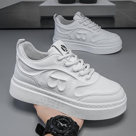 Men'S White Breathable Height-Increasing Platform Sneakers | Slip-Resistant Durable Lightweight Running Shoes, Student Campus Daily Outfit, Upper, Autumn New Fashion Versatile Sports Casual Shoes