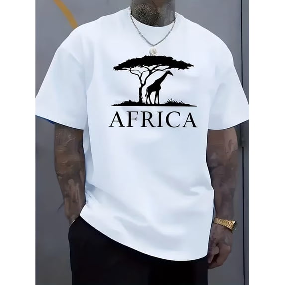 Men'S White Short Sleeve T-Shirt with "AFRICA" Text and Giraffe, Acacia Tree Print | Casual Style, Regular Fit, Crew Neck, Slight Stretch Fabric
