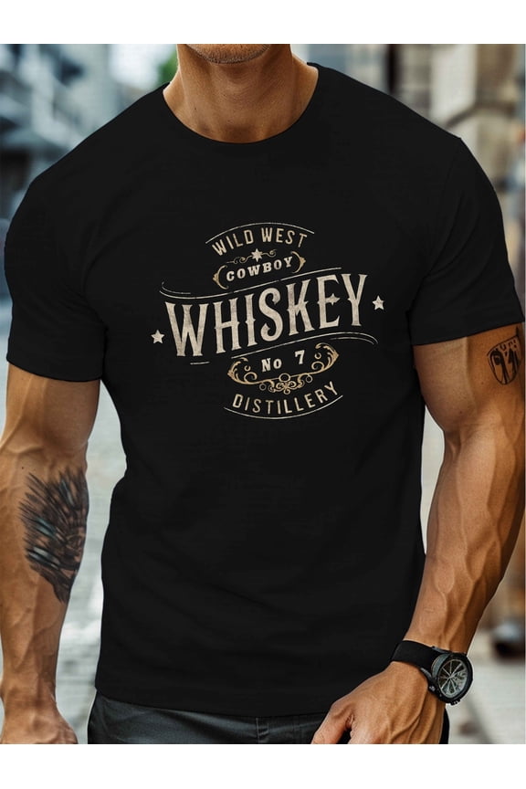 Men'S Wild West Cowboy Whiskey Graphic T-Shirt - Casual Crew Neck, Short Sleeve, Machine Washable, Summer Fashion, Large, Mature Style, Mature Casual Wear | Vintage Graphic Tee | Comfortable