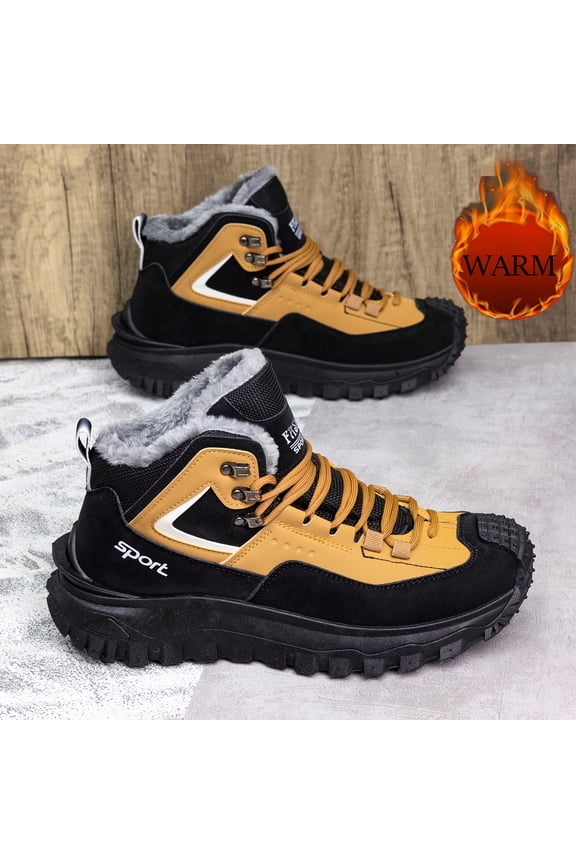 Men'S Winter Thermal Snow Boots - Heavy-Duty Cold Weather Boots with Non-Slip PVC Outsole, Lace-Up Ankle Support for Skiing, Snowboarding, Ice - Black/Yellow colorway - Synthetic Upper