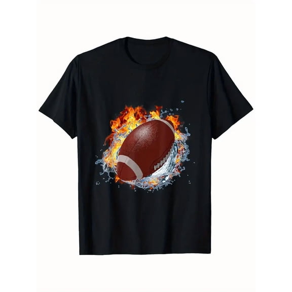 Men'S & Women'S American Football Graphic T-Shirt - Black with Orange-Blue Flame & Water Splash Design, Breathable Regular Fit Casual Athletic Tee for Football Fans, All-Season