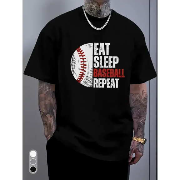Men'S & Women'S Baseball Graphic T-Shirt - Eat Sleep Baseball Repeat Slogan, White with Red Baseball Print, Casual Round Neck Tee for Sports Fans, Baseball Lovers, Gym & Casual