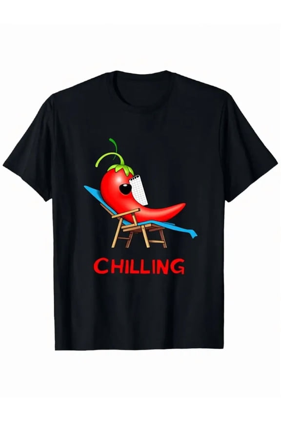 Men'S & Women'S Black Chili Pepper Graphic T-Shirt - Funny "CHILLING" Hot Sauce Design, Loose Fit Breathable Tee, Casual Streetwear Short Sleeve Shirt for Daily Wear & Themed
