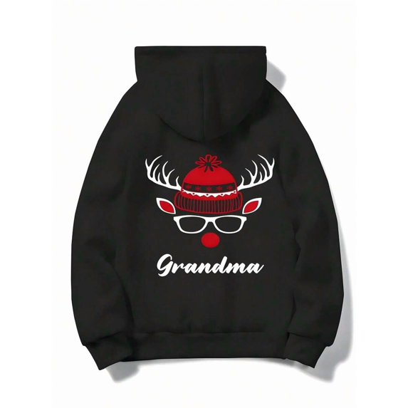 Men'S & Women'S Black Christmas Reindeer Print Hooded Sweatshirt - Cozy Loose-Fit Pullover With Santa Hat & Antlers, Long Sleeve Casual Winter Hoodie, Machine Washable Durable Fabric, Unisex Holiday