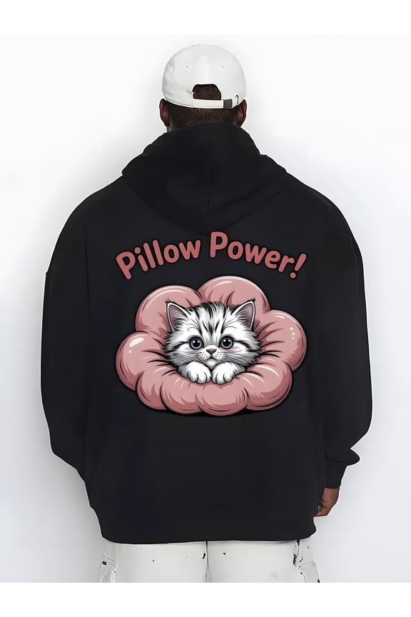 Men'S & Women'S Black Hooded Sweatshirt with Cute Kitten & "Purr Power!" Graphic - Cozy Loose-Fit Pullover, Machine Washable Winter Hoodie, Unisex Casual Sweater for Cat Lovers, Durable Fall/Winter W