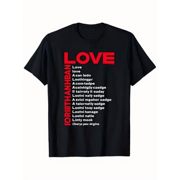 Men'S & Women'S Black LOVE Graphic T-Shirt with Red Vertical LOVE Lettering & Multilingual Love Phrases - Unisex Casual Short Sleeve Crewneck Tee, All-Season Comfort Fit