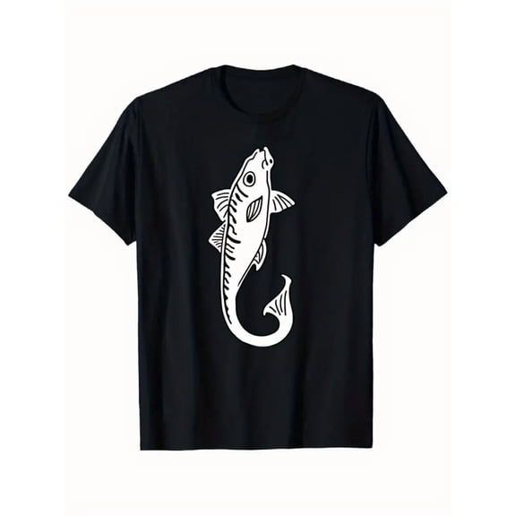 Men'S & Women'S Black Shark Graphic T-Shirt - White Shark Print Crew Neck Short Sleeve, Knit Texture Non-Sheer Fabric, Unisex Casual Streetwear Tee for Daily Wear, Cycling