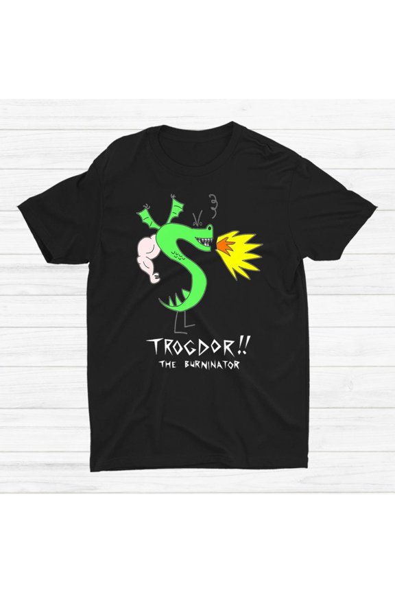 Men'S and Women'S Black T-Rex Flame Spray Machine Pattern T-Shirt | Fun "Trogdor! Flame Spray Machine" Dinosaur Battle Design, Soft Elastic Crew Neck, Burning Dinosaur and T-Rex Print