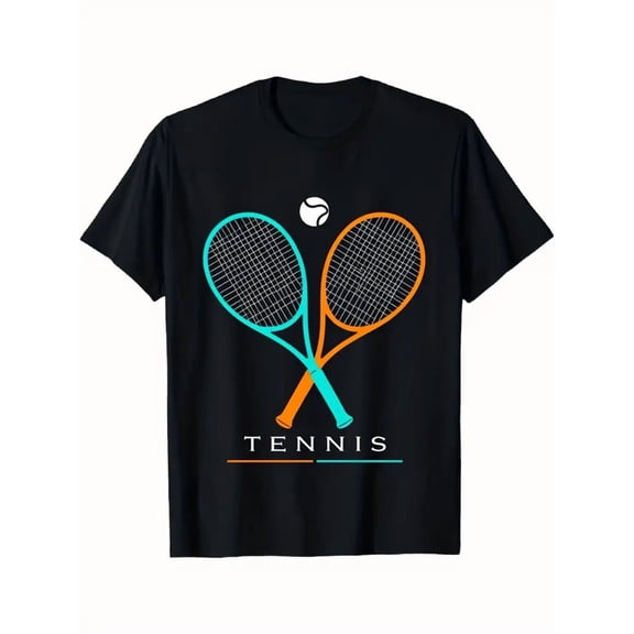 Men'S & Women'S Black Tennis Graphic T-Shirt with Crossed Rackets & Ball Print - 180gsm Heavyweight Soft Crew Neck Short Sleeve, Vintage Sporty Casual Tee for Tennis Lovers
