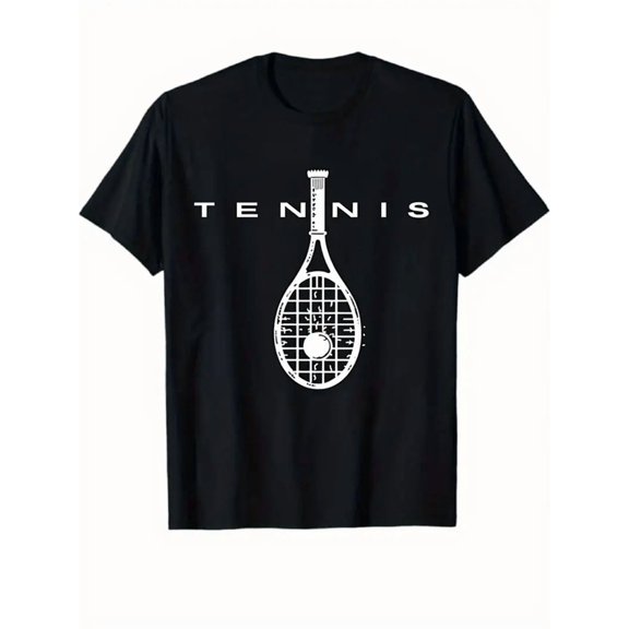Men'S & Women'S Black Tennis Graphic T-Shirt - Regular Fit Short Sleeve Crew Neck, Breathable Non-Sheer Fabric with Slight Stretch, Racket & Ball Design & TENNIS