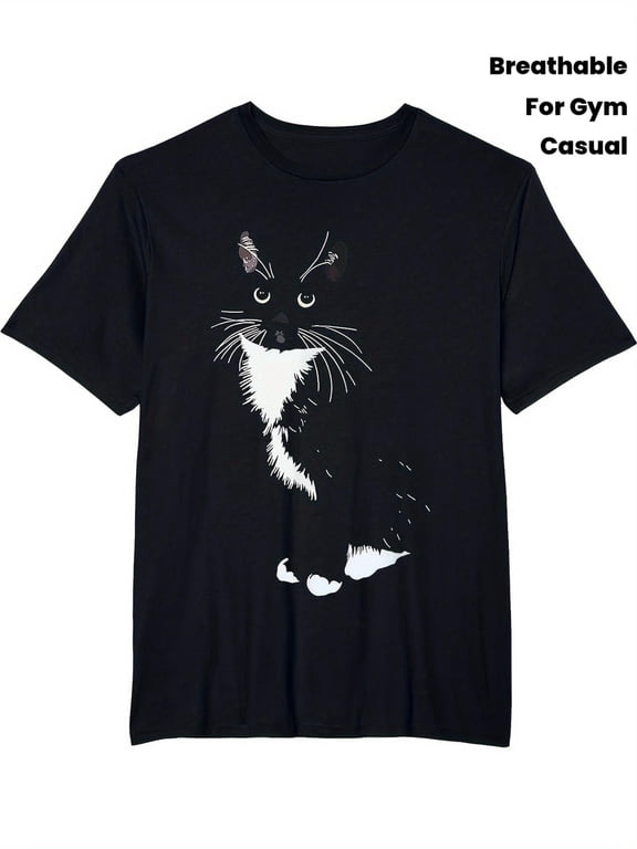 Men'S And Women'S Black Tuxedo Cat Graphic T-Shirt Made from Soft, Breathable. This Crew Neck Tee Is Perfect for Everyday Wear, Whether at The Gym, in Streetwear, Or at The Office