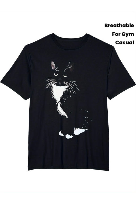 Men'S And Women'S Black Tuxedo Cat Graphic T-Shirt Made from Soft, Breathable. This Crew Neck Tee Is Perfect for Everyday Wear, Whether at The Gym, in Streetwear, Or at The Office