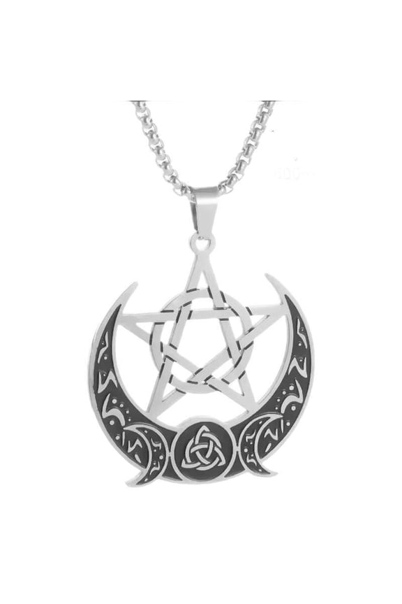 Men'S And Women'S Celtic March Goddess Pentagram Pattern And Celtic Triangle Logo Pendant Necklace,Circular Hollow Design, Silver Stainless Steel Chain, Vintage Nordic Amulet