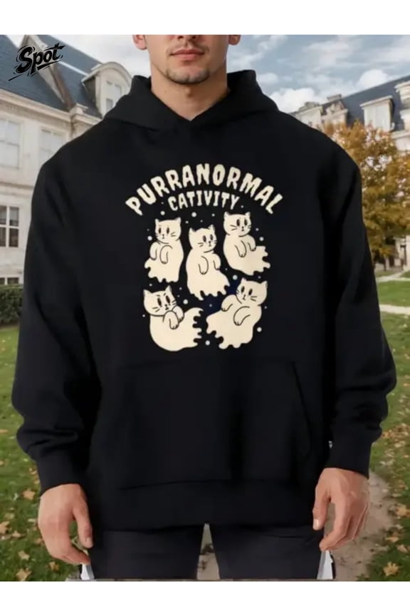 Men'S & Women'S Cute Cat & Purrfectly Normal Graphic Hooded Sweatshirt - Cozy Loose-Fit Hoodie with Cat Print, Casual Winter Warmth for Hiking/Fishing, Unisex Fall/Winter Pullover (Black/White) - Tre