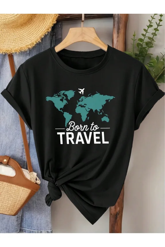 Men'S And Women'S Elegant Short-Sleeve T-Shirt Featuring A World Map Travel Quote Print, Suitable For Spring, Summer, And Autumn. A Stylish And Versatile Top For Commuting, Vacatio