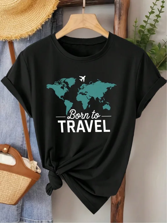 Men'S And Women'S Elegant Short-Sleeve T-Shirt Featuring A World Map Travel Quote Print, Suitable For Spring, Summer, And Autumn. A Stylish And Versatile Top For Commuting, Vacatio