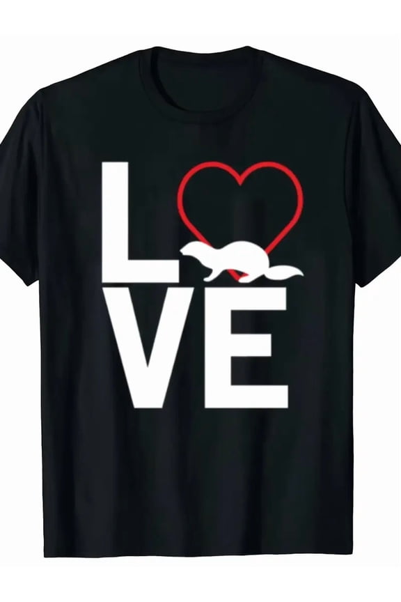 Men'S & Women'S Funny Cute Otter Lover Graphic T-Shirt - Oversized Black Tee with White LOVE Lettering & Otter Design, Casual Short Sleeve Round Neck Animal Lover Apparel for