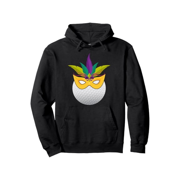 Men'S & Women'S Funny Golf Mardi Gras Hoodie with Bead & Fleur-de-Lis Golf Mask Design - 50% 250gsm Heavyweight Pullover Sweatshirt, Carnival Party Outfit, Casual Golf Apparel, Unisex Gift for Golf L