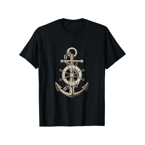 Men'S & Women'S Nautical Anchor & Ship Wheel Graphic T-Shirt - with Golden Maritime Design, Lightweight Breathable Short Sleeve Round Neck Casual Tee for Sailing, Boating