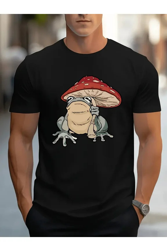 Men'S & Women'S Whimsical Frog Holding Mushroom Umbrella Graphic T-Shirt - 100% 180gsm Soft Crew Neck Short Sleeve, Cute Cartoon Print with Red & Spotted Mushroom & Green Frog