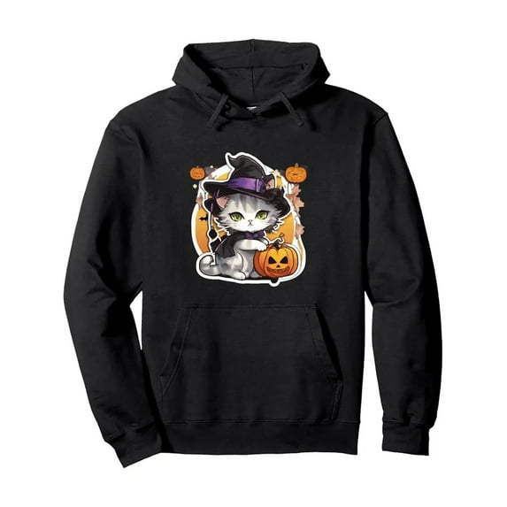 Men'S & Women'S Witch Cat & Jack-O-Lantern Print Hooded Sweater - Soft All-Season Pullover Hoodie with Pockets, Cute Calico Tabby Cat & Black & White Witch Hat & Broomstick Graphic, Relaxed Fit for C