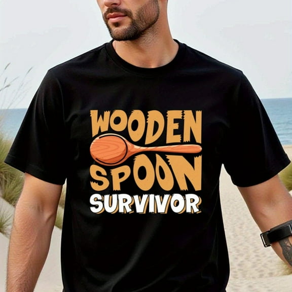 Men'S Wooden Spoon Survivor Funny T-Shirt - 100% Cotton Crew Neck Short Sleeve, Regular Fit Casual Tee with Wooden Spoon Graphic, Perfect for Casual Attire, Valentine'S Day, New Year's, Father'S D