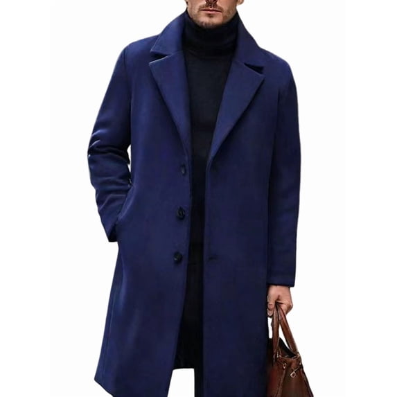 Men'S Wool Blend Trench Coat Notched Collar Overcoat with Pockets Navy Blue 4XL
