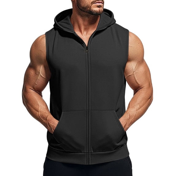 Men'S Workout Hooded Tank Tops Fashion Muscle Zip Up Sleeveless Hooded Slim Fit Gym Hoodie Black XL