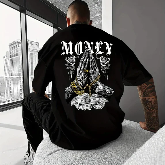 Men'S Y2K Streetwear Graphic Tee Featuring a Money Theme with Dollar Notes And Golden Chains