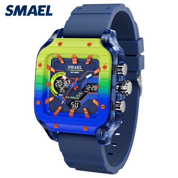 Men SMAEL Silicone Band Square Waterproof Dual Time Digital Quartz Sports Wristwatch