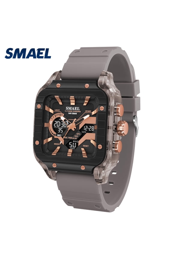 Men SMAEL Silicone Band Square Waterproof Dual Time Digital Quartz Sports Wristwatch